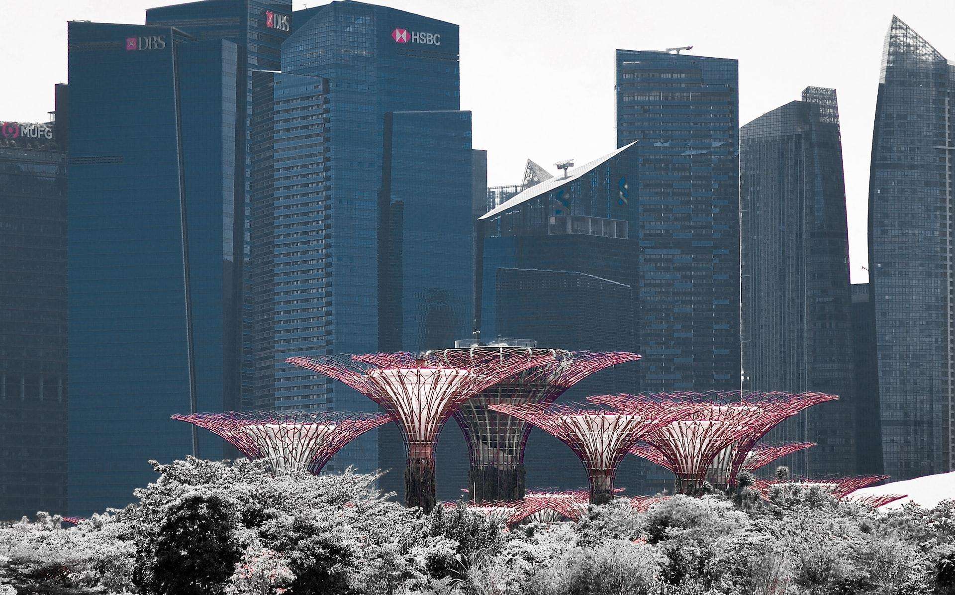 Landscape of buildings in Singapore, including the Singapore banks DBS and HSBC