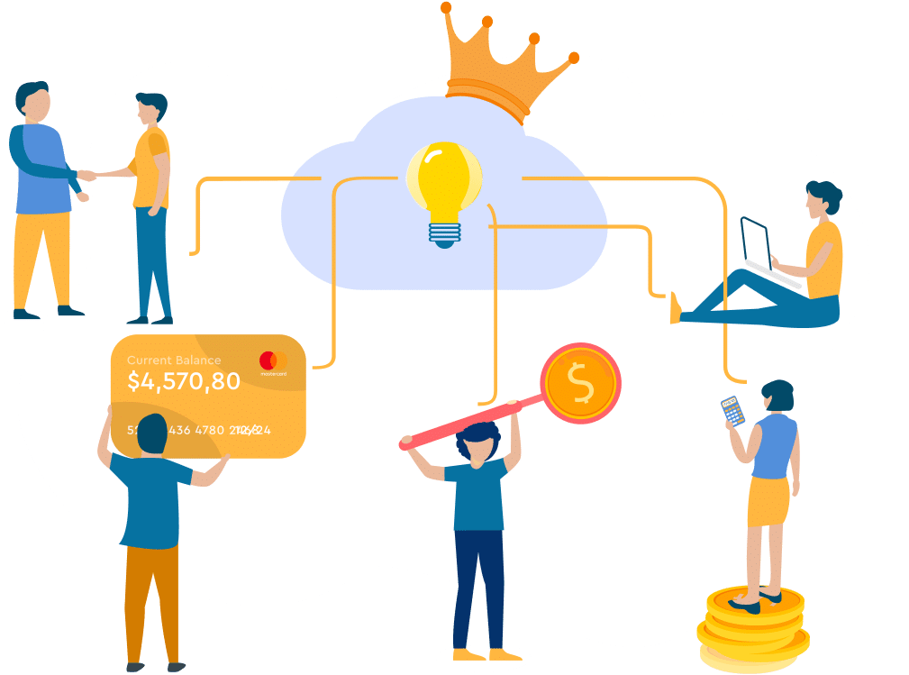 Variety of Intracorp experts, business, owners, and individuals performing actions interconnected to a lightbulb representing the corporate and personal services provided at Intracorp