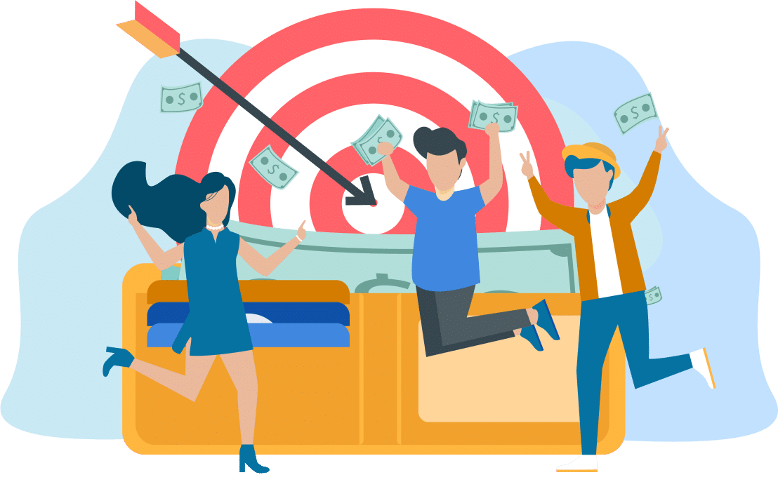 An arrow hits a target in the center while three business owners are excitedly jumping in front of a wallet with cash, representing Intracorp's goal of reaching the accounting goals of its clients